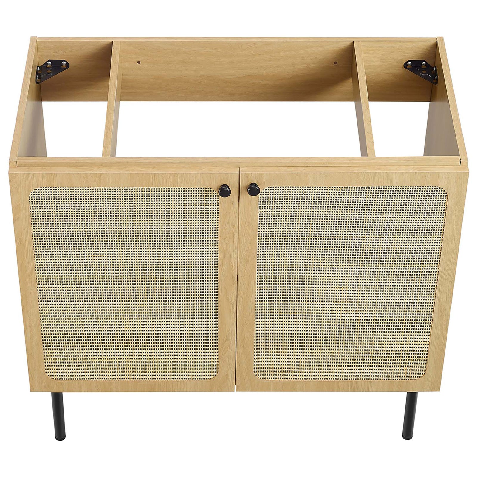 Cabinet top prepared for basin installation with internal shelf support. || EEI-6698-OAK-BLK || top_angle_partial_studio