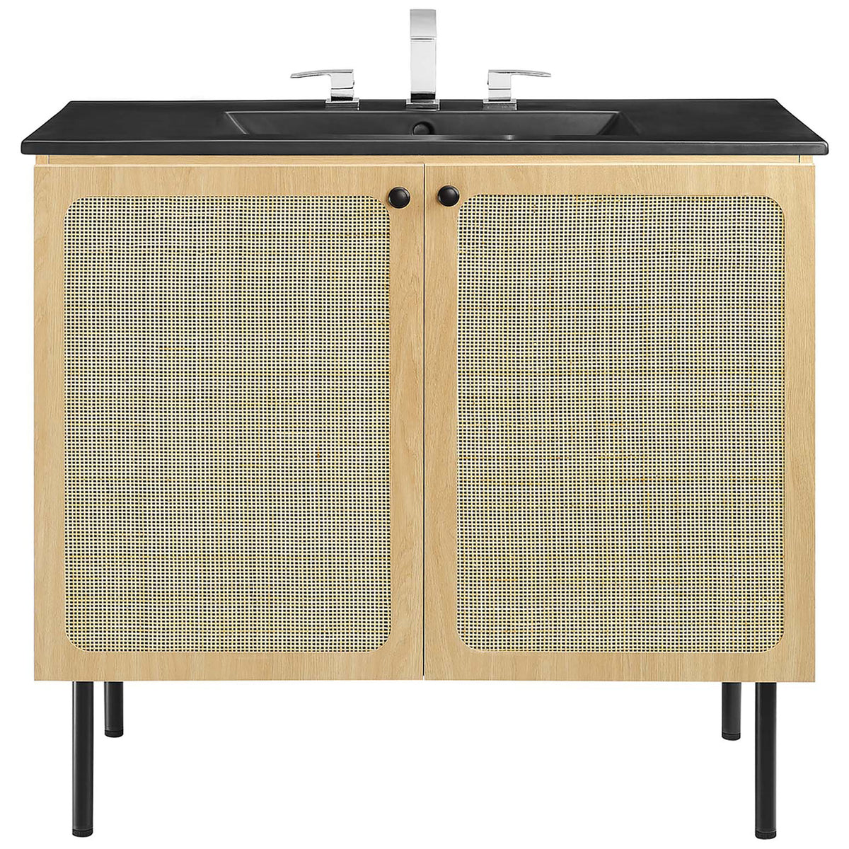 Generous 36-inch vanity blends rattan-front doors with a sleek black ceramic sink. || EEI-6698-OAK-BLK || front_studio