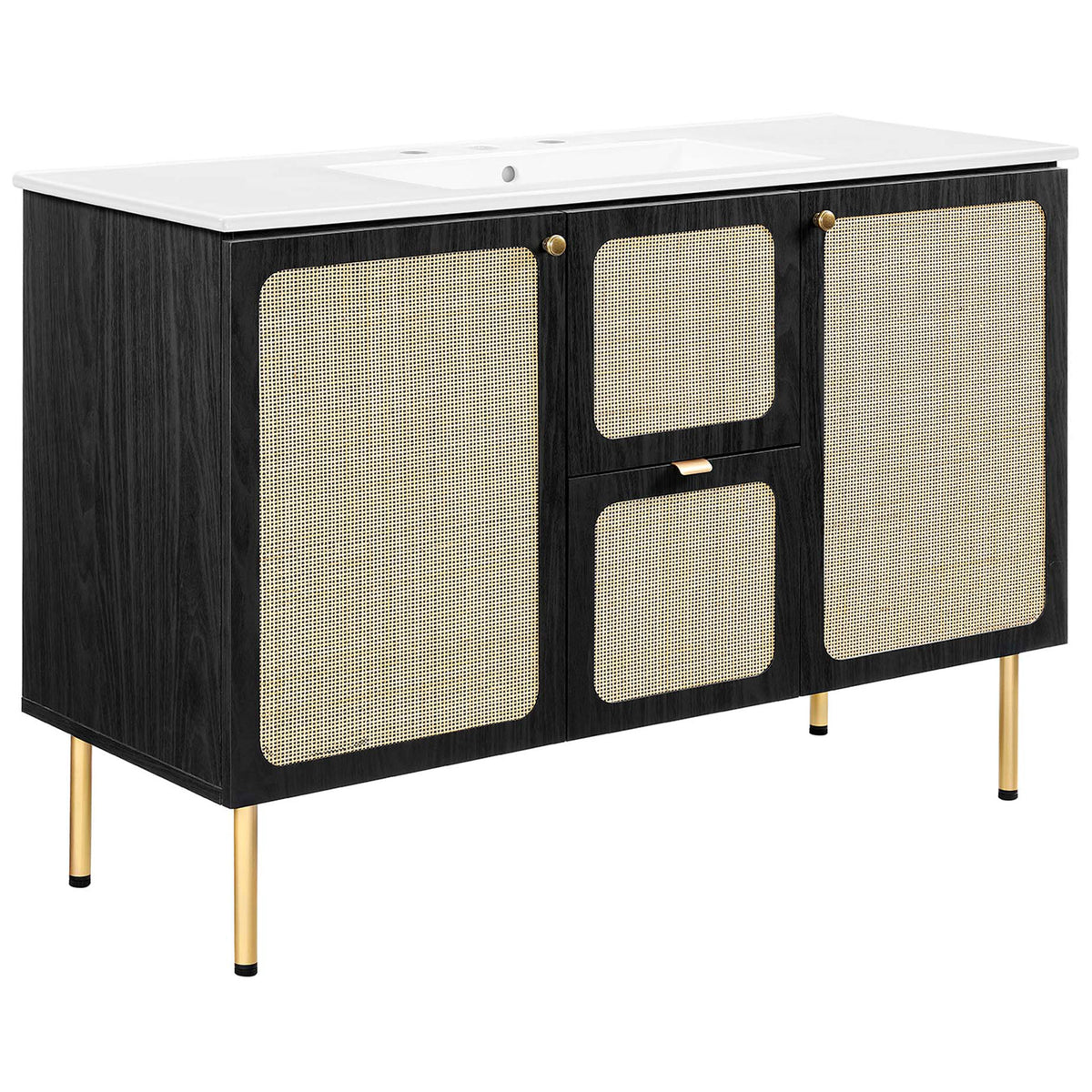 Textured rattan cabinet doors and a crisp white basin elevate this sleek black 48-inch vanity || EEI-6699-BLK-WHI || front_angle_studio