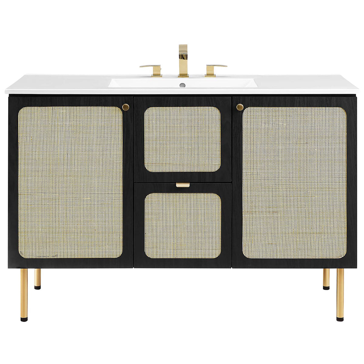 Black wood vanity with rattan doors and a white integrated sink top on slim gold legs || EEI-6699-BLK-WHI || front_studio