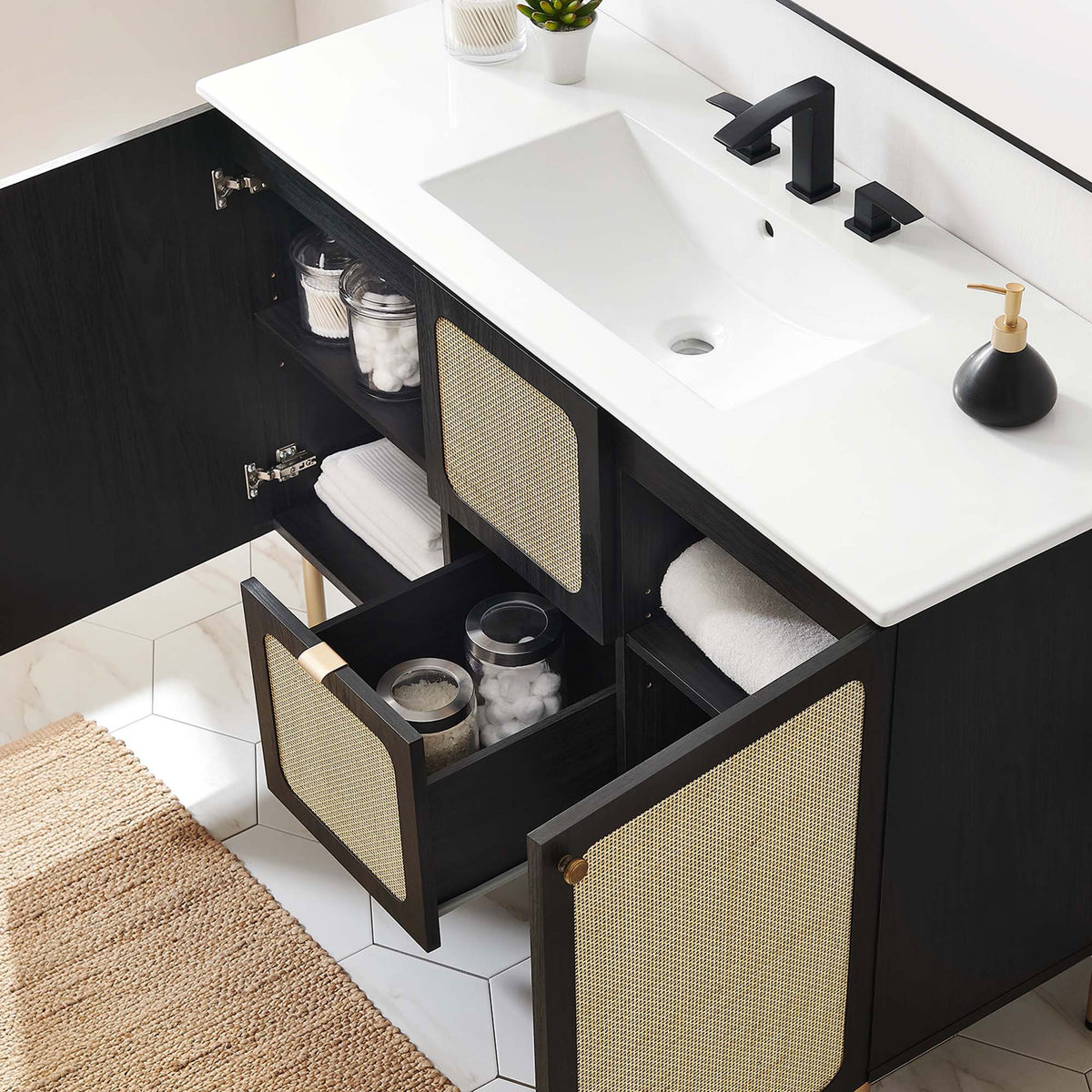 Open storage reveals adjustable shelving and a smooth-glide drawer for tidy organization || EEI-6699-BLK-WHI || front_angle_open_room