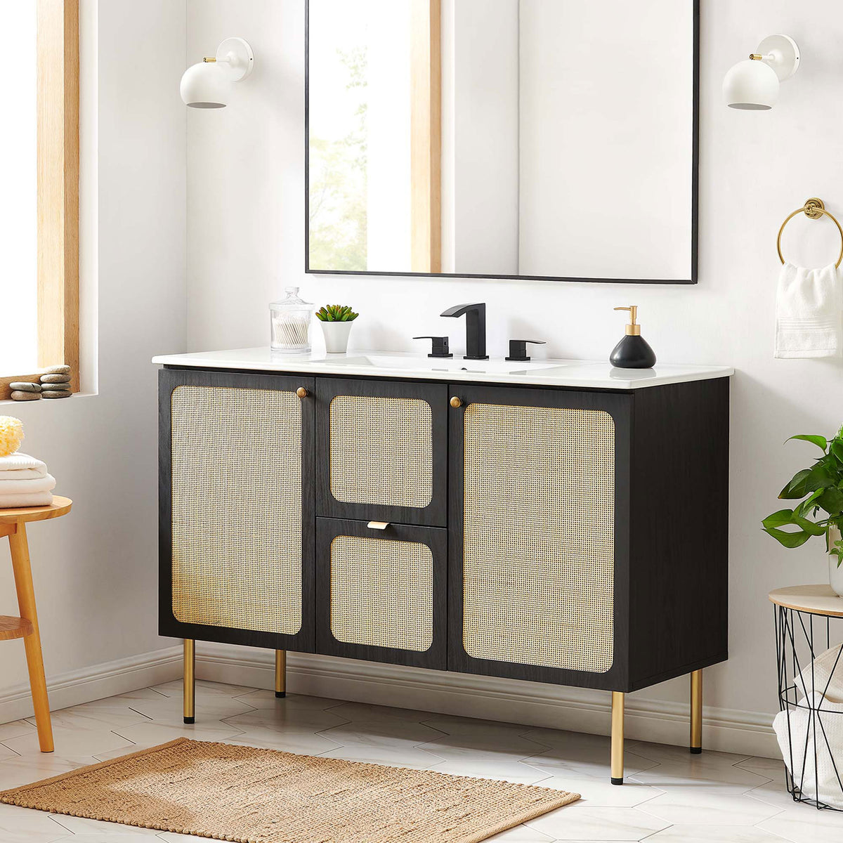 Modern vanity anchors a bright bath with natural cane accents and a crisp white top || EEI-6699-BLK-WHI || front_room