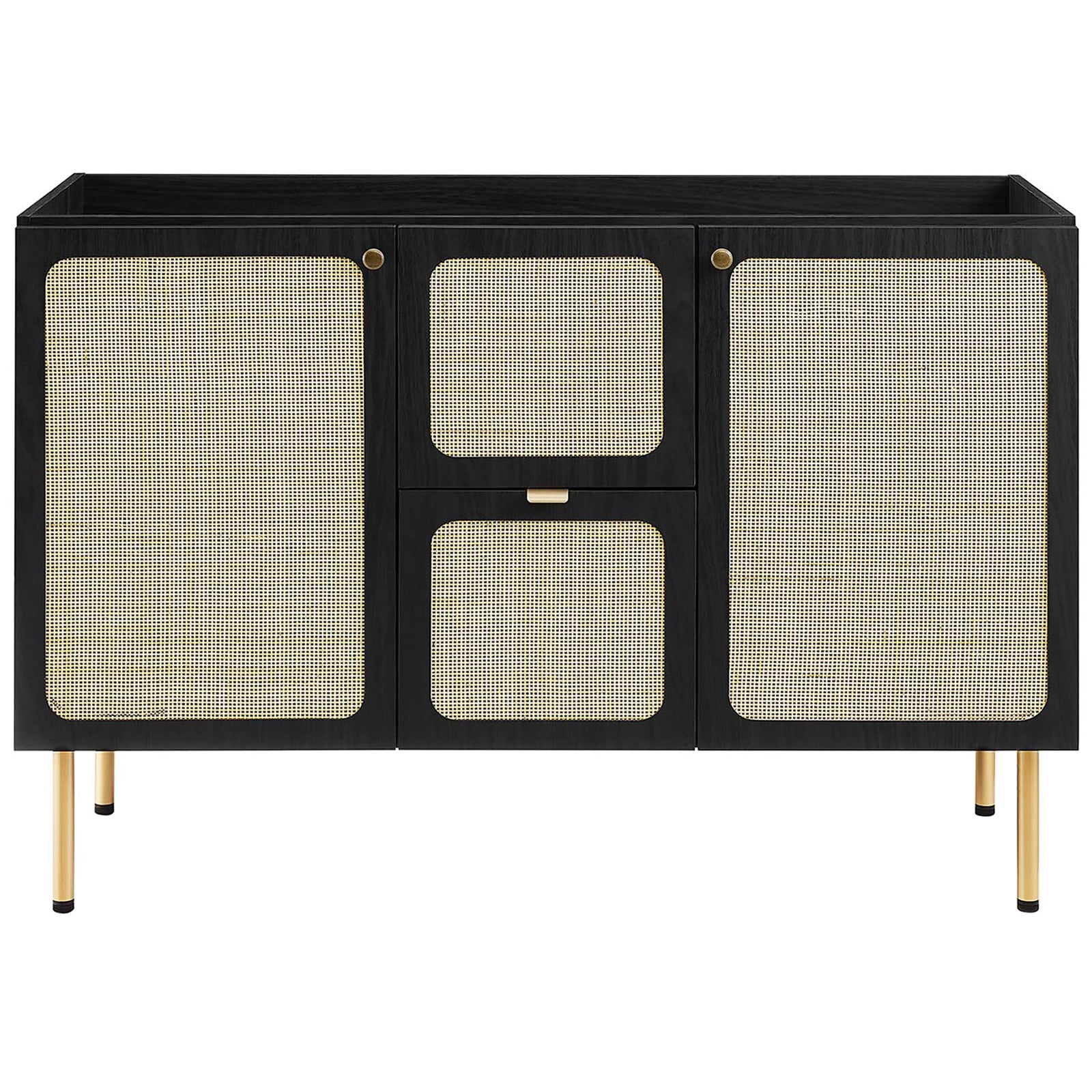 Cabinet-only frame features woven rattan doors and a central drawer with a sleek pull || EEI-6699-BLK-WHI || front_partial_studio