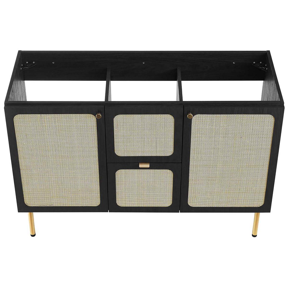 Open cabinet top ready to accept the included sink, with organized interior compartments || EEI-6699-BLK-WHI || top_angle_partial_studio