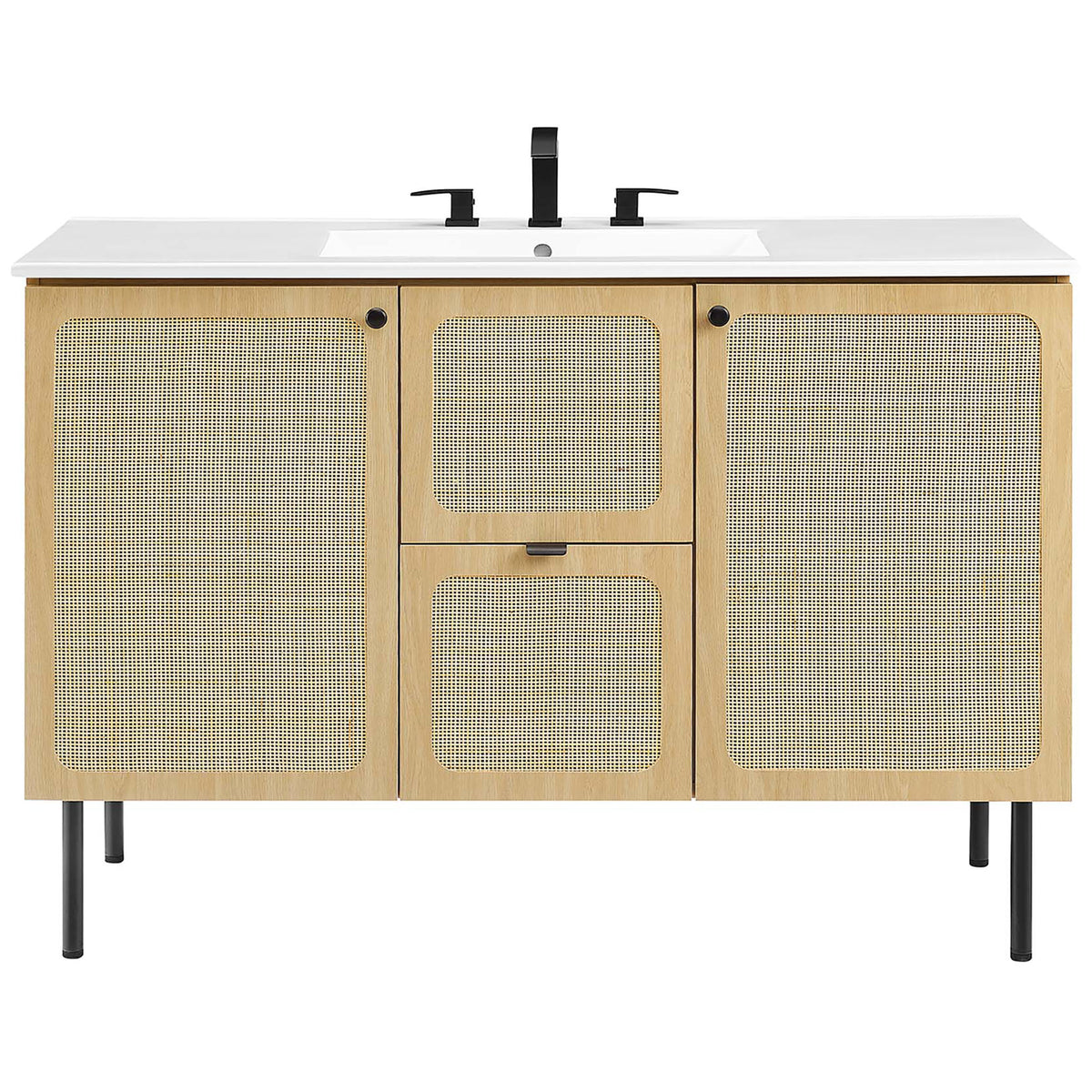 Clean-lined vanity with rattan doors, white sink top, and black hardware for modern contrast. || EEI-6699-OAK-WHI || front_studio