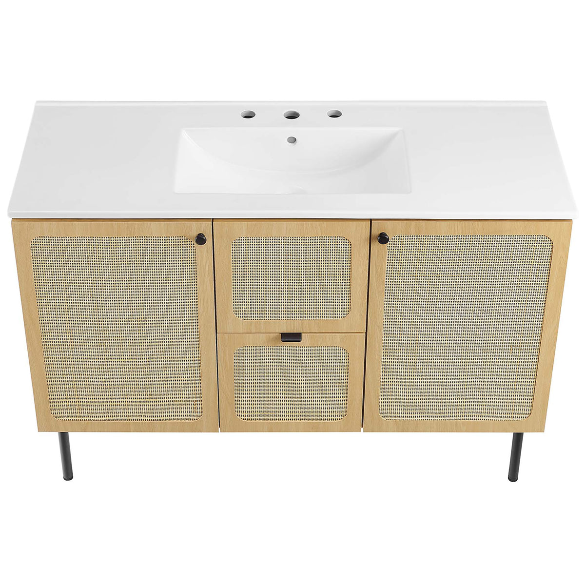 Integrated white countertop with rectangular basin and overflow. || EEI-6699-OAK-WHI || top_angle_studio