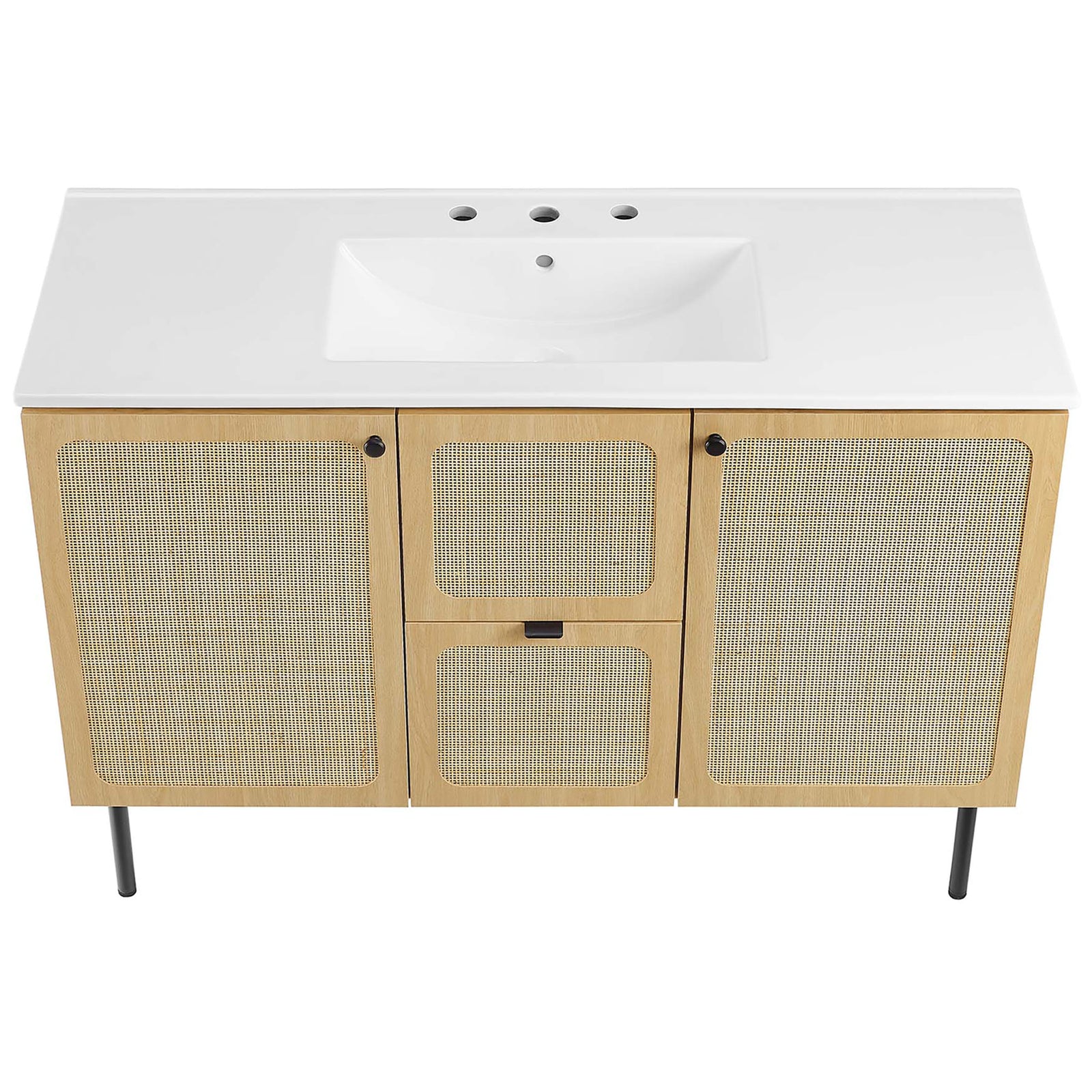 Integrated white countertop with rectangular basin and overflow. || EEI-6699-OAK-WHI || top_angle_studio
