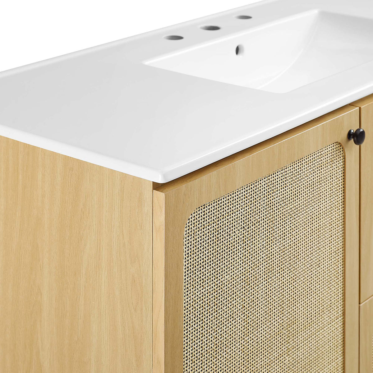 Refined junction of glossy ceramic top and oak cabinet with rattan panel. || EEI-6699-OAK-WHI || detail_studio