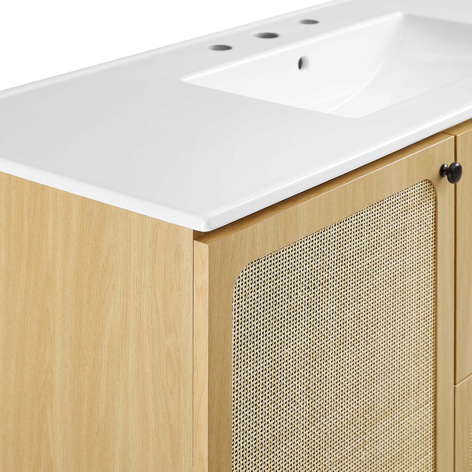 Refined junction of glossy ceramic top and oak cabinet with rattan panel. || EEI-6699-OAK-WHI || detail_studio