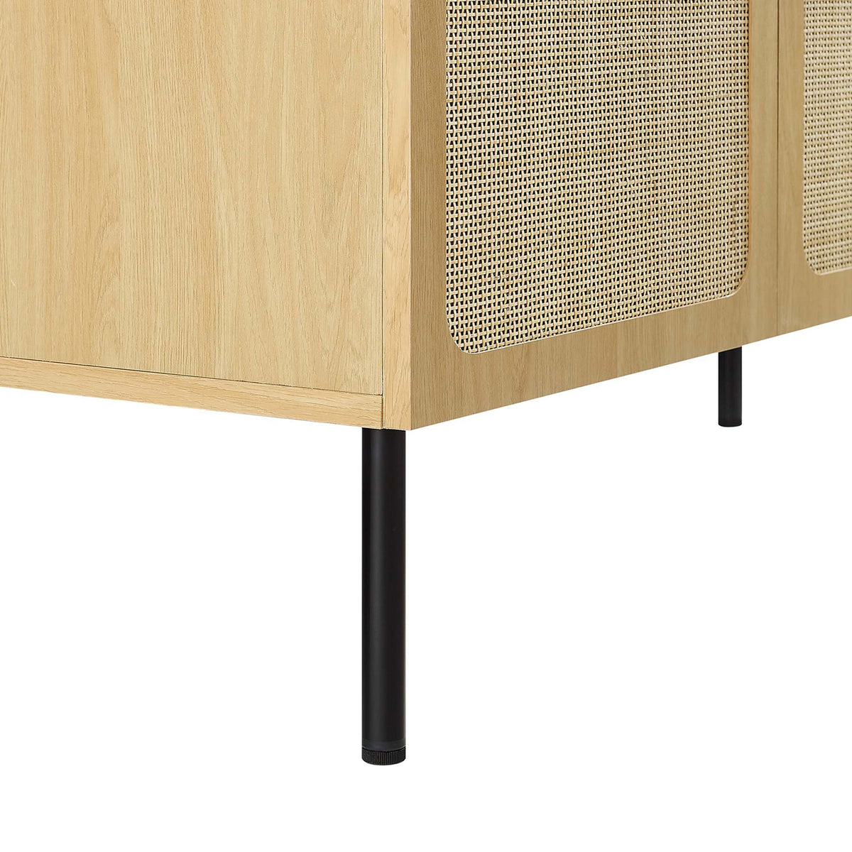Sturdy round black metal legs elevate the vanity for easy cleaning underneath. || EEI-6699-OAK-WHI || leg_studio