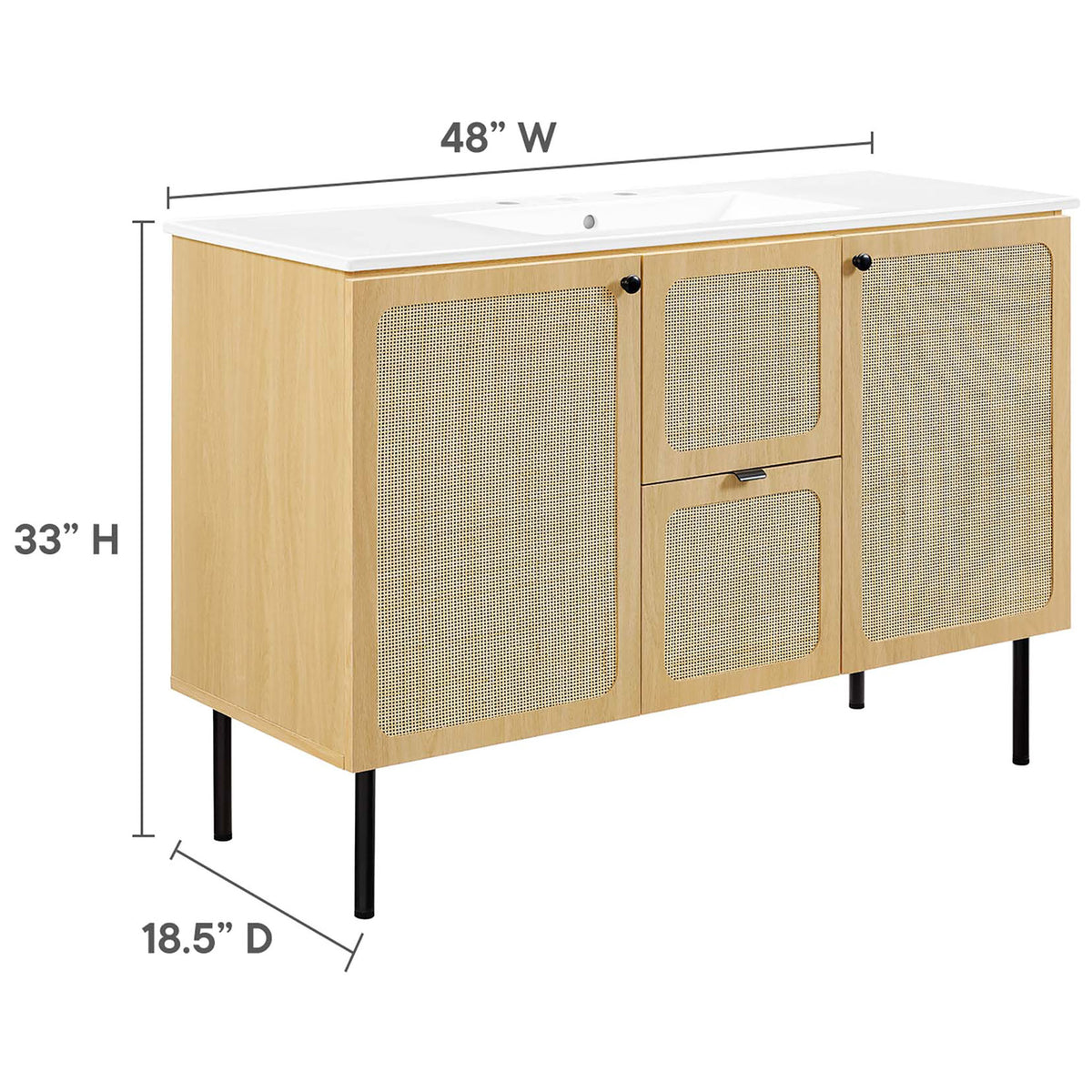 Sized at 48 in. W x 33.5 in. H x 18.5 in. D for space-savvy bathrooms. || EEI-6699-OAK-WHI || dimension_studio