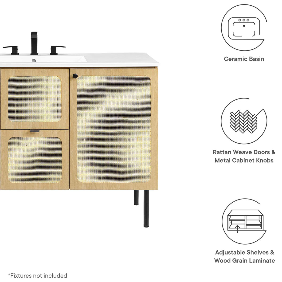 Key features include ceramic basin, rattan doors, metal knobs, and adjustable shelving. || EEI-6699-OAK-WHI || callout_studio