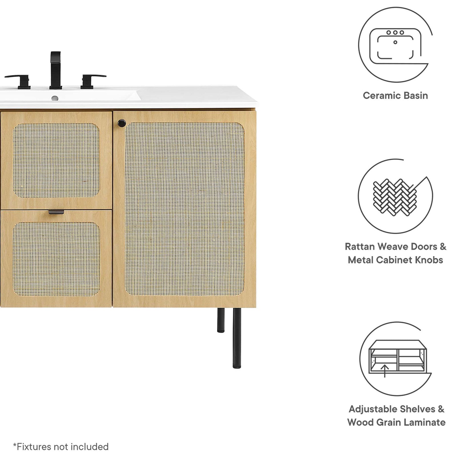 Key features include ceramic basin, rattan doors, metal knobs, and adjustable shelving. || EEI-6699-OAK-WHI || callout_studio