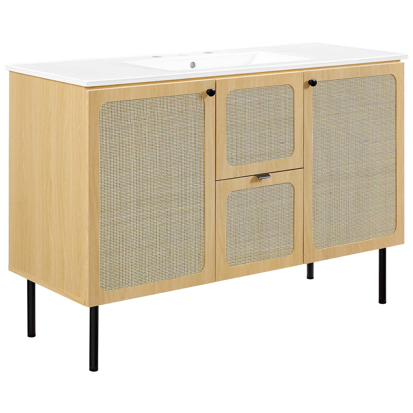 Rattan-front oak vanity with integrated white ceramic sink and sleek black legs. || EEI-6699-OAK-WHI || front_angle_studio