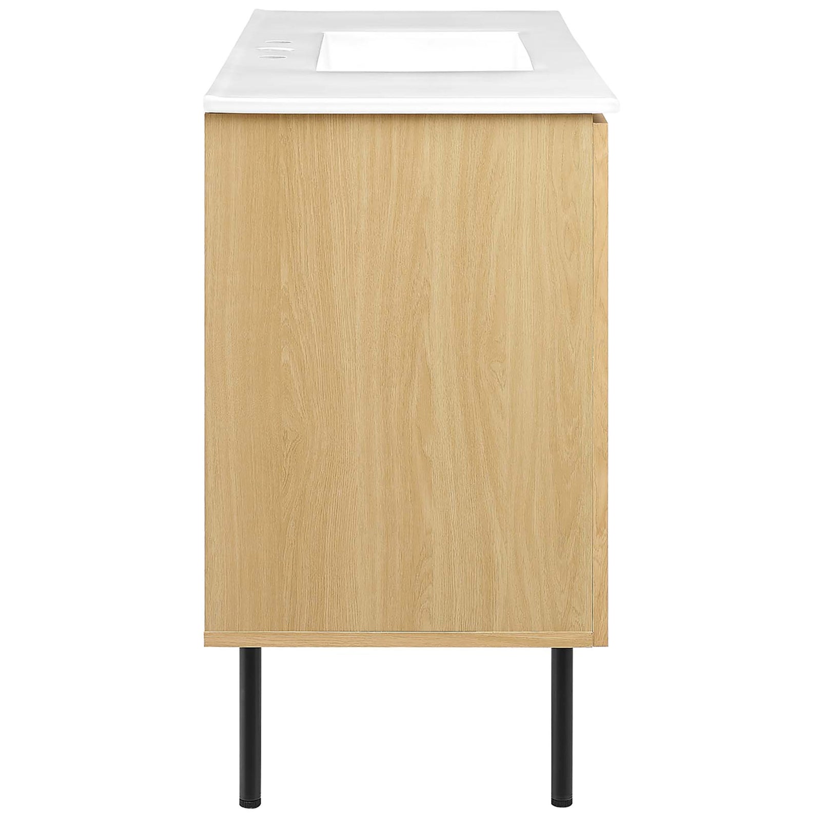 Slim oak cabinet profile with glossy white ceramic basin. || EEI-6699-OAK-WHI || side_studio