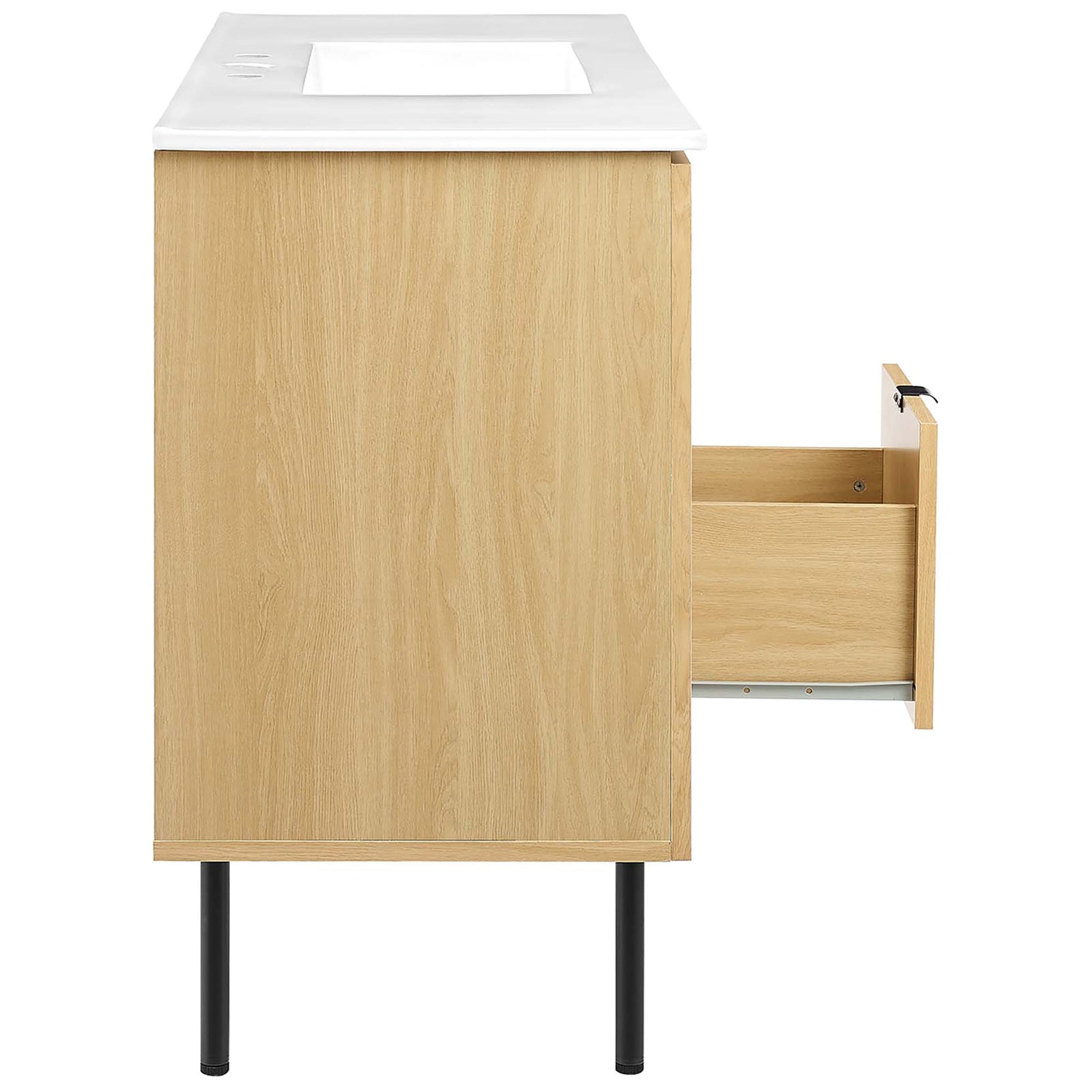Smooth-glide drawer opens for easy-access bathroom storage. || EEI-6699-OAK-WHI || side_open_studio