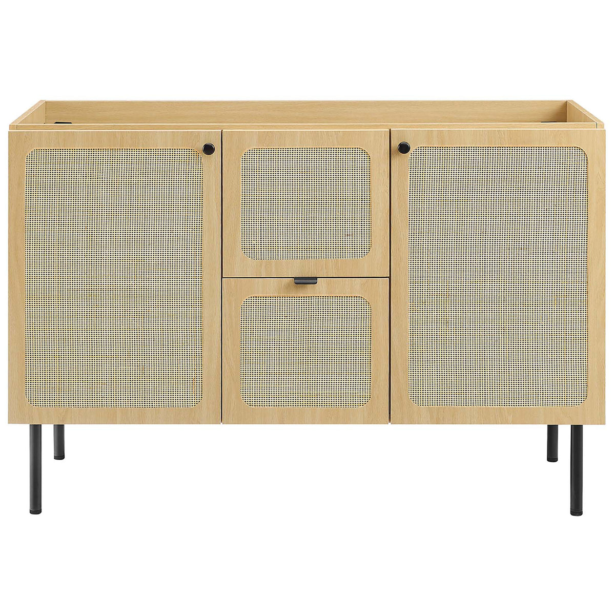 Oak cabinet with rattan doors, center drawer, and round metal knobs. || EEI-6699-OAK-WHI || front_partial_studio