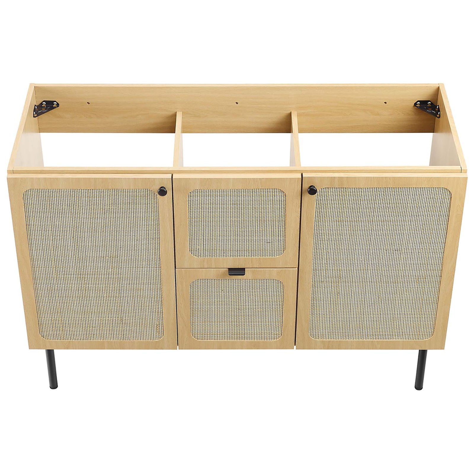 Cabinet interior features pre-cut compartments for sink and plumbing. || EEI-6699-OAK-WHI || top_angle_partial_studio