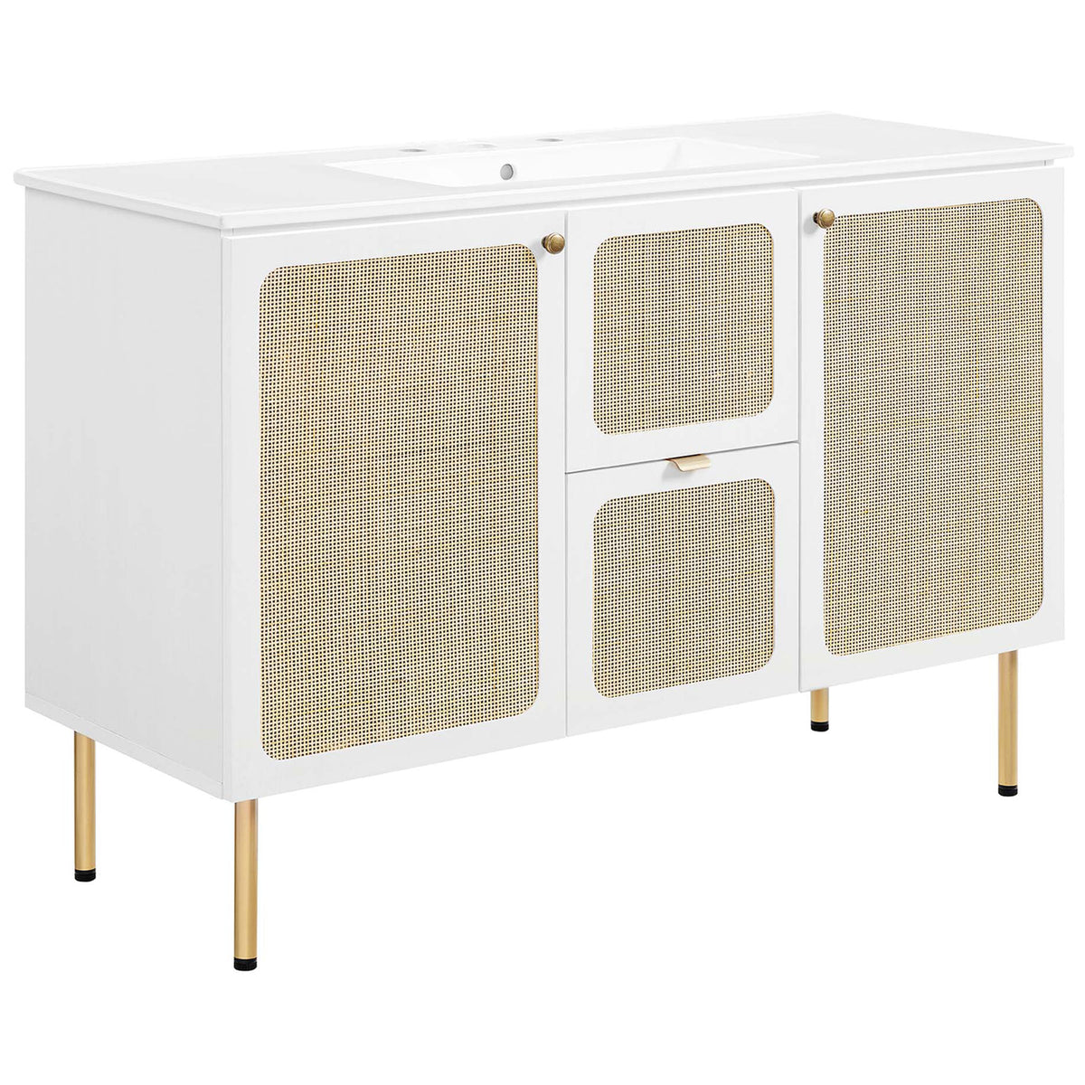 White vanity with rattan doors, gold legs, and an integrated ceramic basin for modern style || EEI-6699-WHI-WHI || front_angle_studio