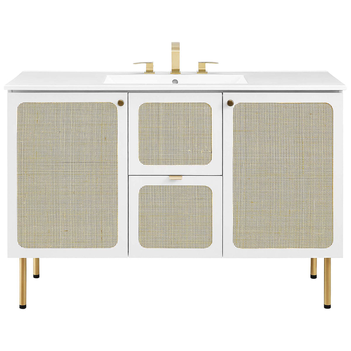 Polished vanity with rattan doors, gold accents, and a spacious ceramic sink || EEI-6699-WHI-WHI || front_studio