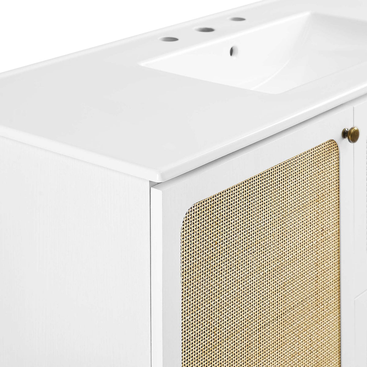 Smooth ceramic edge meets woven rattan panel and a round metal knob || EEI-6699-WHI-WHI || detail_studio