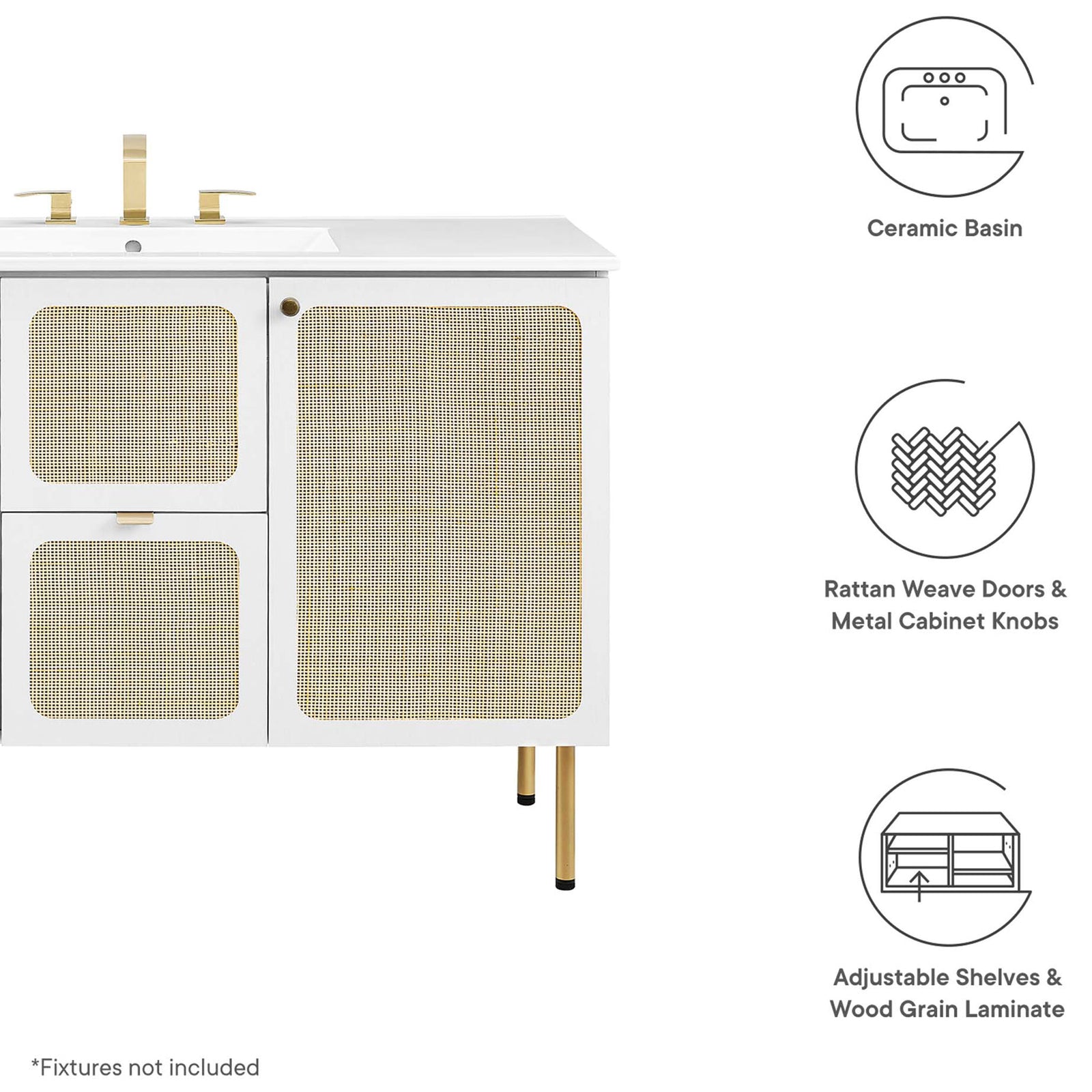 Ceramic basin, rattan doors with metal knobs, and adjustable shelves highlighted || EEI-6699-WHI-WHI || callout_studio