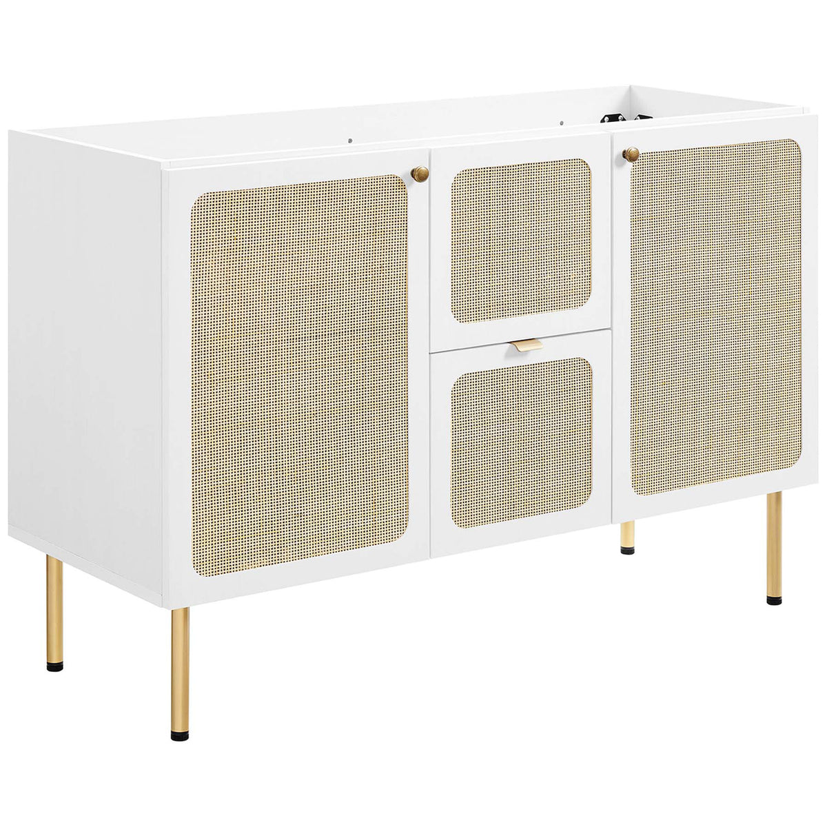 Vanity base with rattan weave doors, finger-pull drawer, and gold hardware || EEI-6699-WHI-WHI || front_angle_partial_studio