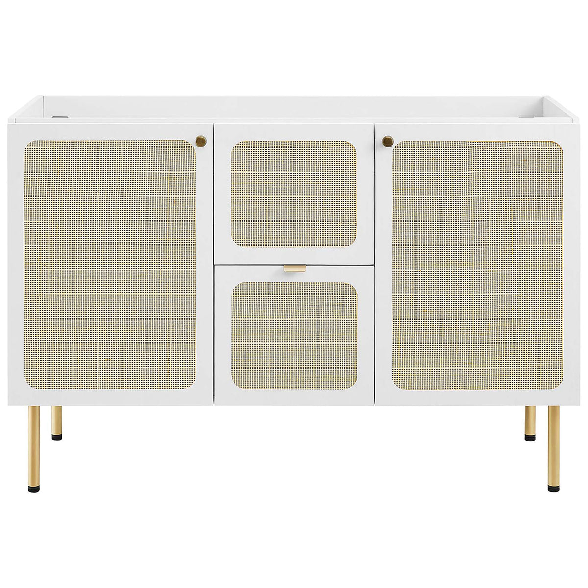 Rattan doors and a centered drawer define this versatile vanity base || EEI-6699-WHI-WHI || front_partial_studio