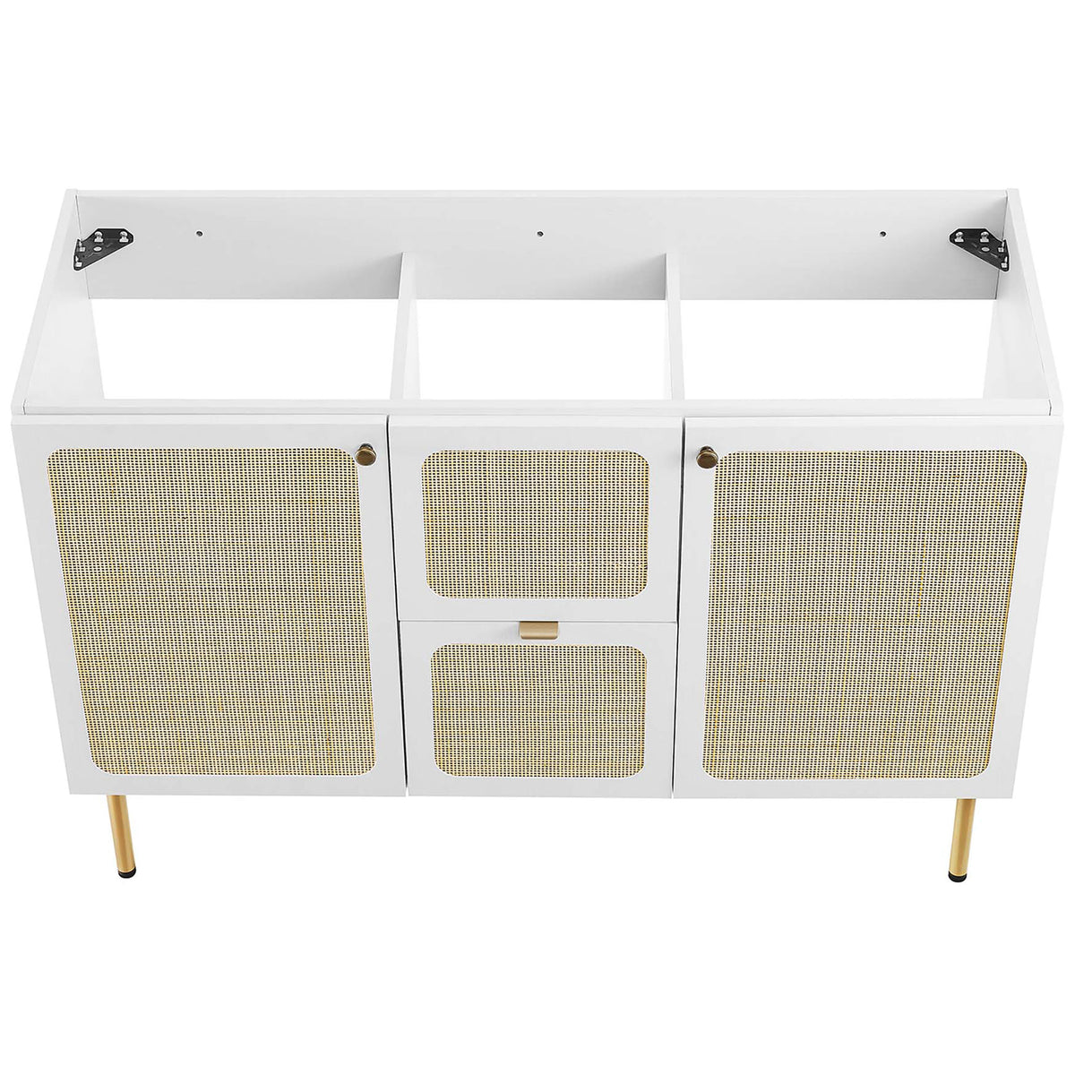 Open cabinet frame ready for seamless sink installation || EEI-6699-WHI-WHI || top_angle_partial_studio