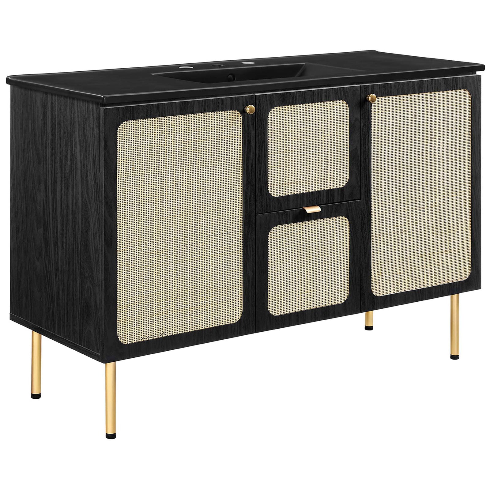 Black vanity with rattan weave doors, gold legs, and integrated black ceramic basin. || EEI-6700-BLK-BLK || front_angle_studio