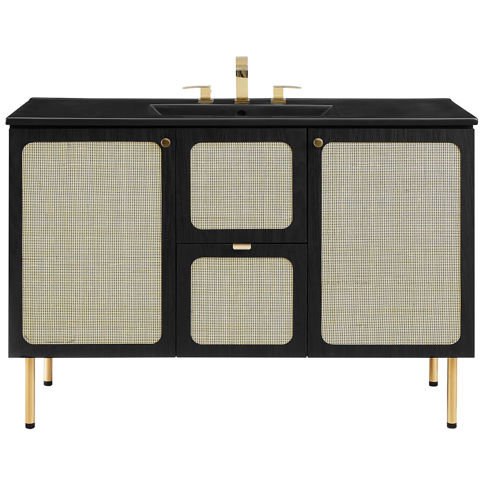 Refined 48-inch vanity pairs a rattan facade with a matte black top for standout style. || EEI-6700-BLK-BLK || front_studio