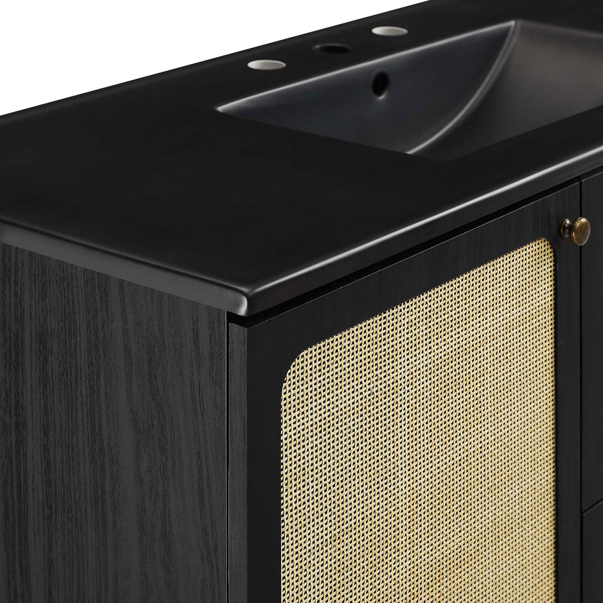 Textured cane doors contrast beautifully with the smooth matte black countertop. || EEI-6700-BLK-BLK || detail_studio