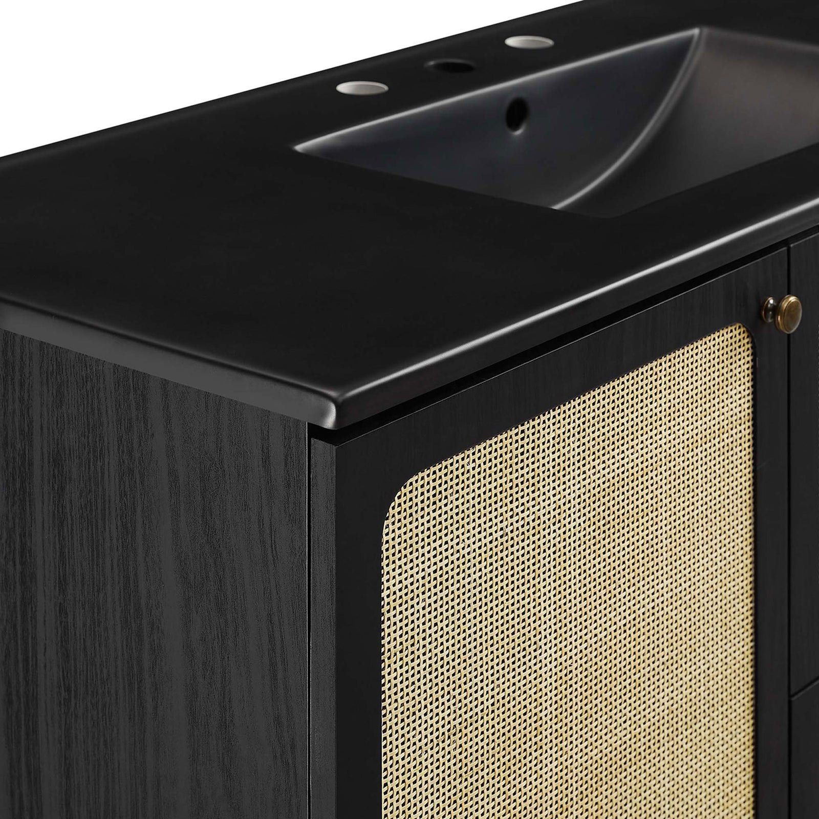 Textured cane doors contrast beautifully with the smooth matte black countertop. || EEI-6700-BLK-BLK || detail_studio
