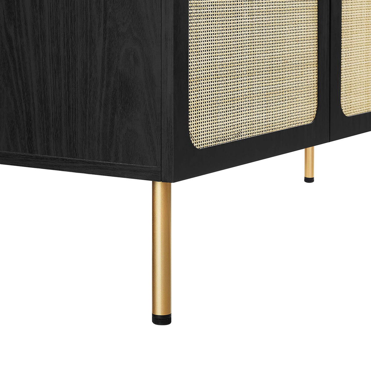 Tapered metal legs in a satin brass finish elevate the vanity with modern flair. || EEI-6700-BLK-BLK || leg_studio