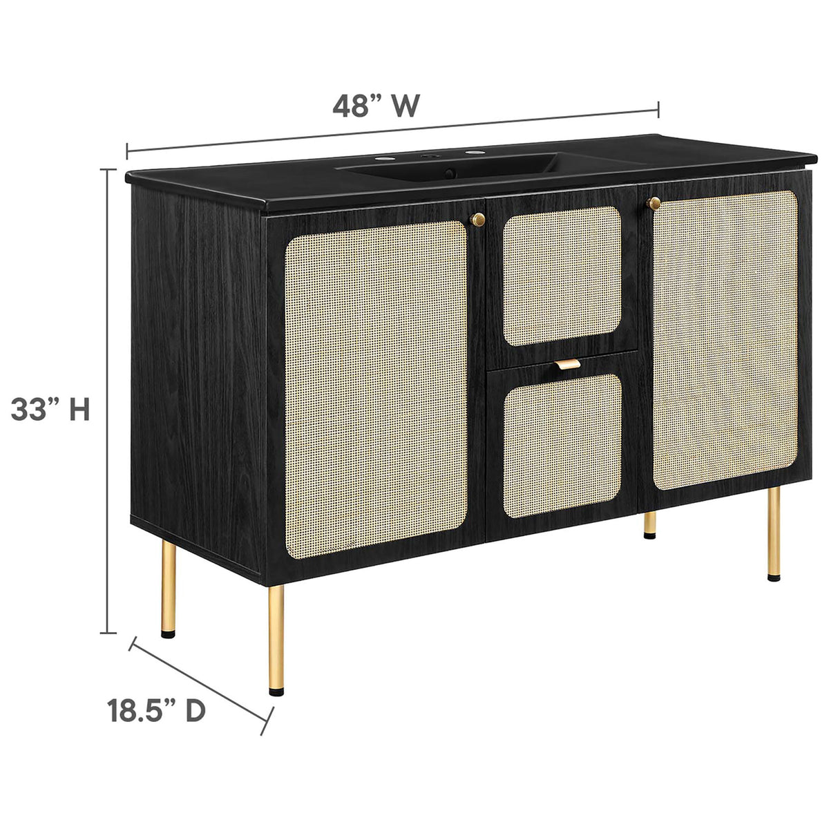 Dimensions: 48 in. W x 18.5 in. D x 33 in. H for this 48-inch single sink vanity. || EEI-6700-BLK-BLK || dimension_studio