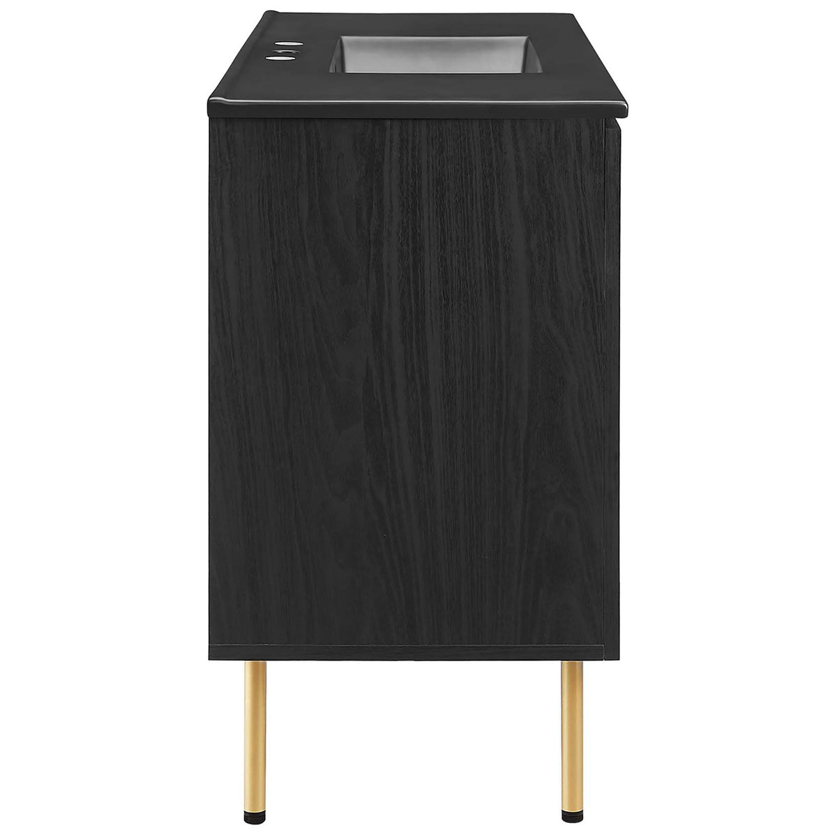 Sleek black vanity showcasing wood grain texture, cane-style fronts, and slender gold legs. || EEI-6700-BLK-BLK || side_studio