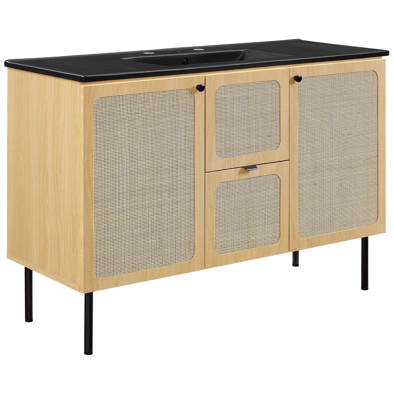48-inch oak vanity with rattan doors, sleek black countertop, and integrated single basin || EEI-6700-OAK-BLK || front_angle_studio