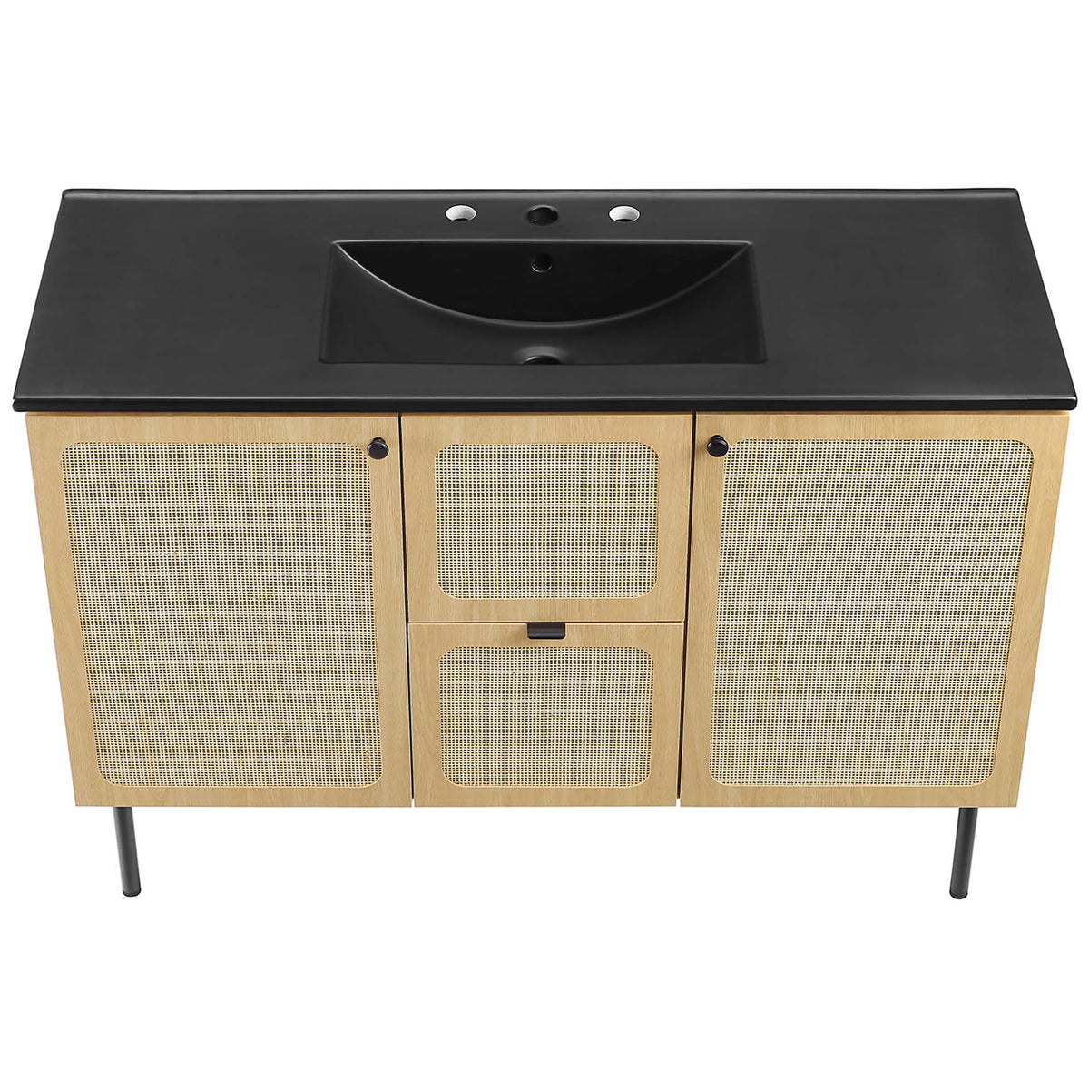 Integrated rectangular basin and spacious black countertop offer generous room for daily routines || EEI-6700-OAK-BLK || top_angle_studio