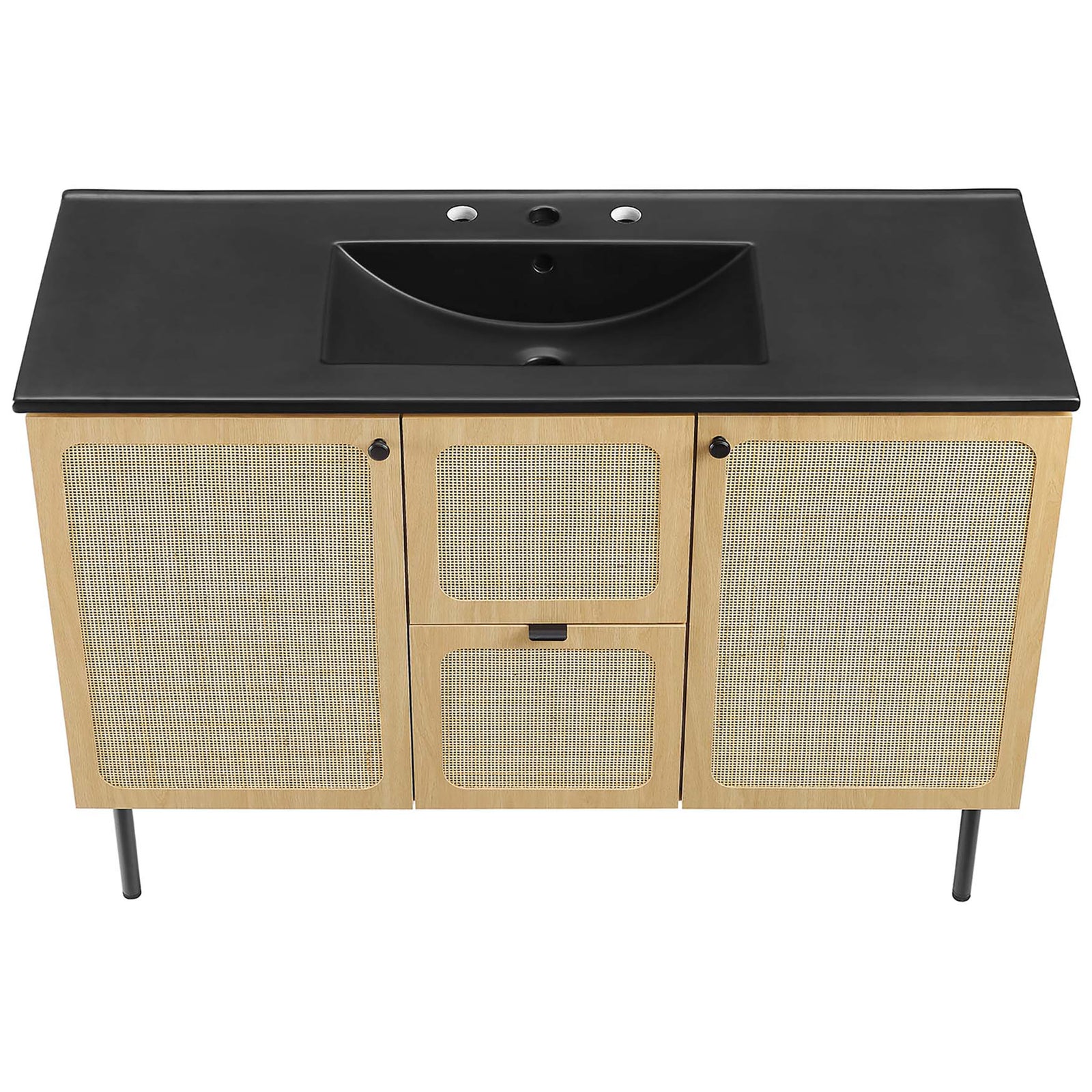 Integrated rectangular basin and spacious black countertop offer generous room for daily routines || EEI-6700-OAK-BLK || top_angle_studio