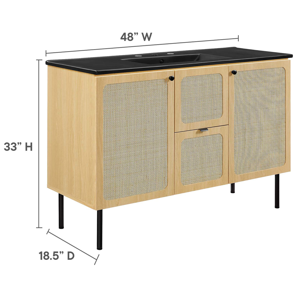Dimensions: 48 in W x 18.5 in D x 33 in H for a space-savvy, family-ready bathroom upgrade || EEI-6700-OAK-BLK || dimension_studio