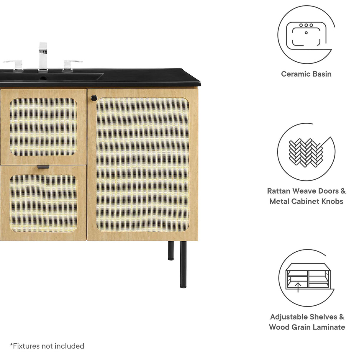 Key features include ceramic basin, rattan weave doors with metal knobs, and adjustable storage || EEI-6700-OAK-BLK || callout_studio