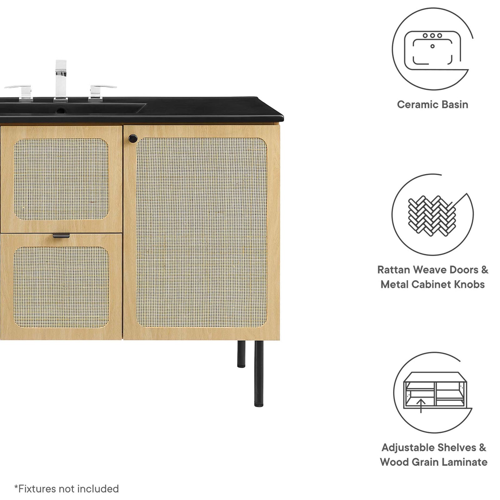 Key features include ceramic basin, rattan weave doors with metal knobs, and adjustable storage || EEI-6700-OAK-BLK || callout_studio