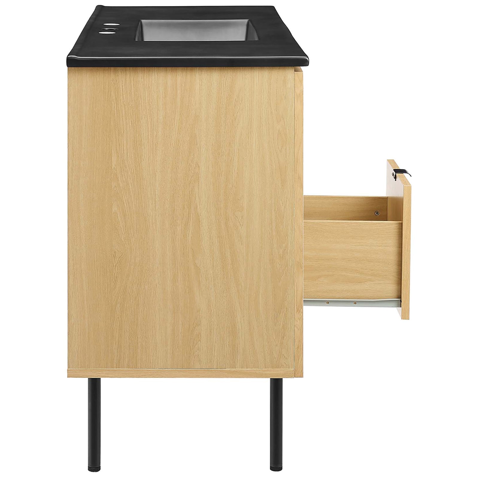 Center drawer glides open with a finger-pull handle for quick access to bathroom essentials || EEI-6700-OAK-BLK || side_open_studio