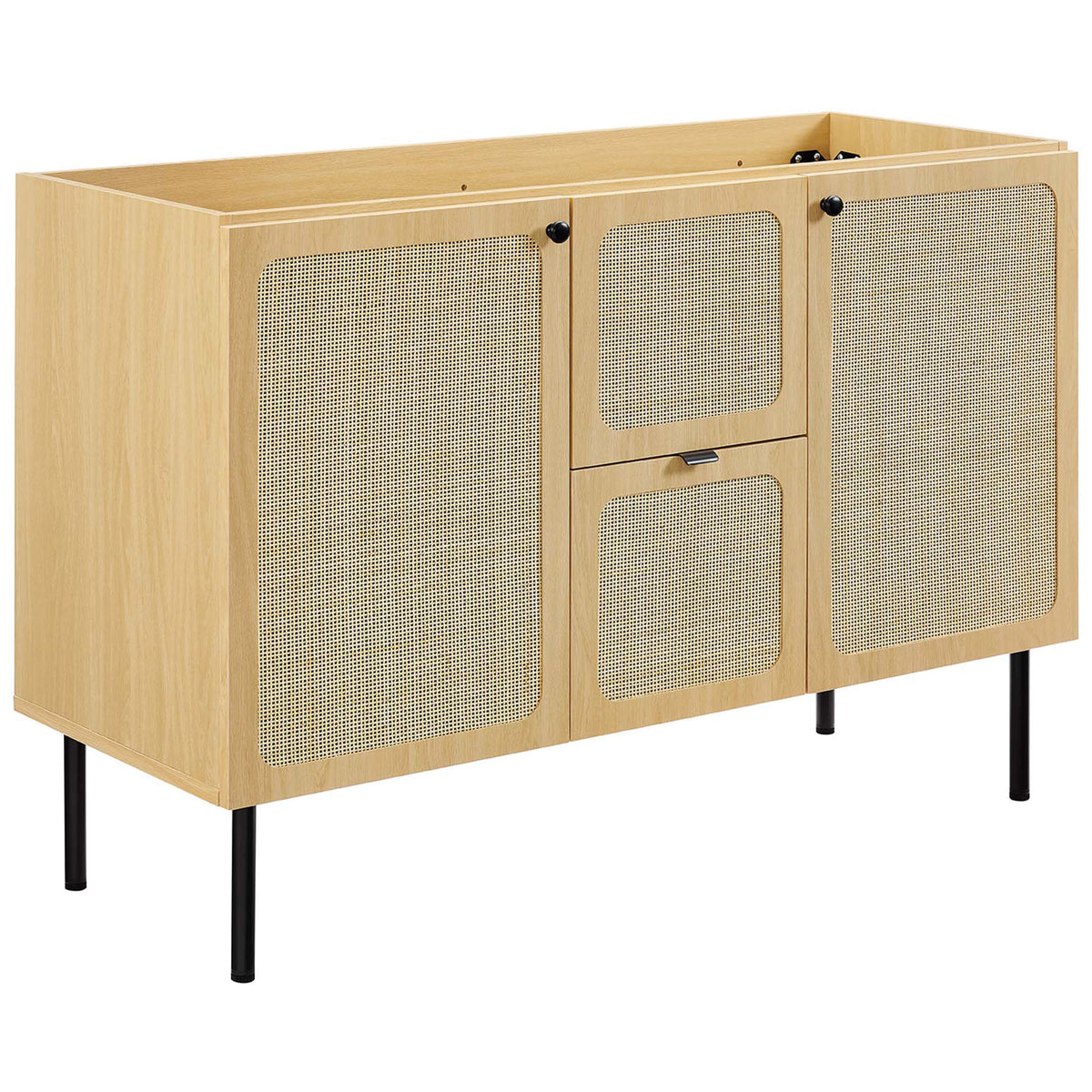 Warm oak cabinet with airy caned panels and slim black legs ready for top installation || EEI-6700-OAK-BLK || front_angle_partial_studio