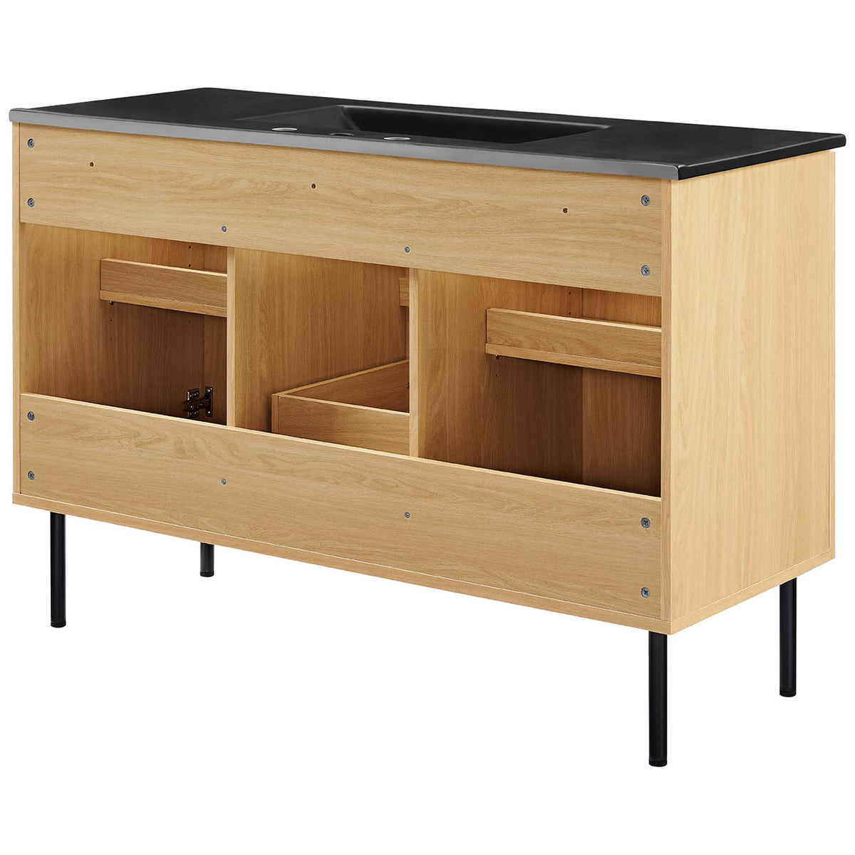 Open-back design simplifies plumbing access while maintaining sturdy, clean construction || EEI-6700-OAK-BLK || back_angle_studio