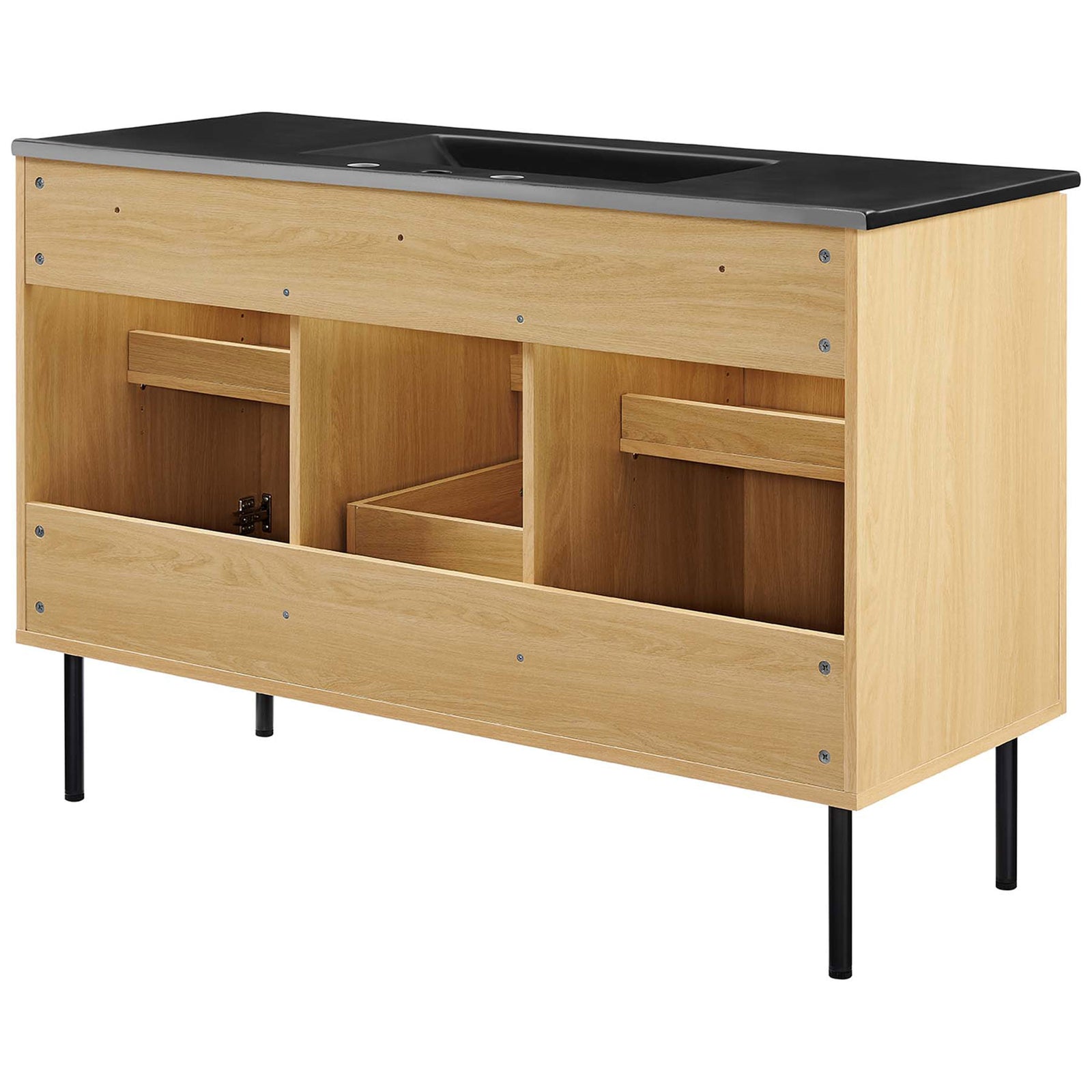 Open-back design simplifies plumbing access while maintaining sturdy, clean construction || EEI-6700-OAK-BLK || back_angle_studio