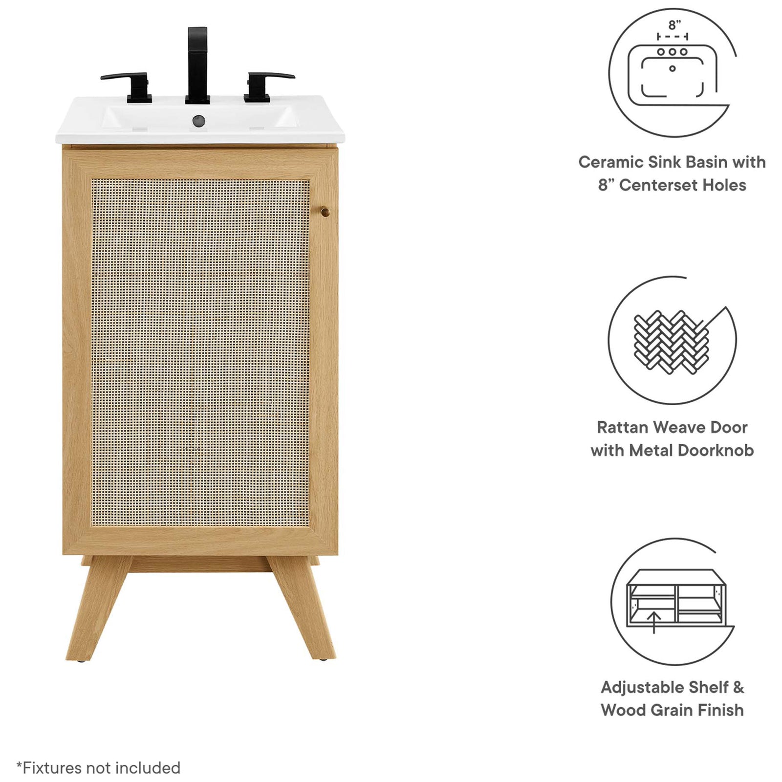 Key features: ceramic sink, rattan door with metal knob, adjustable shelf || EEI-6711-OAK-WHI || callout_studio