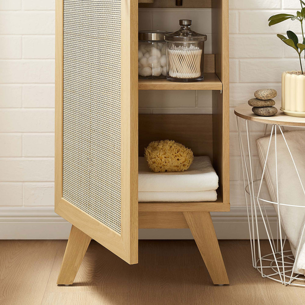 Open door reveals adjustable shelf for towels and bath essentials || EEI-6711-OAK-WHI || storage_open_room