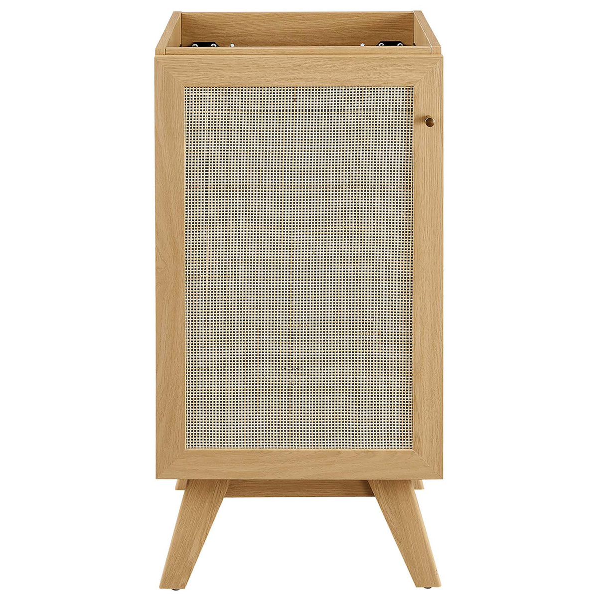 Compact single-door cabinet with breezy rattan weave and warm oak finish || EEI-6711-OAK-WHI || front_partial_studio