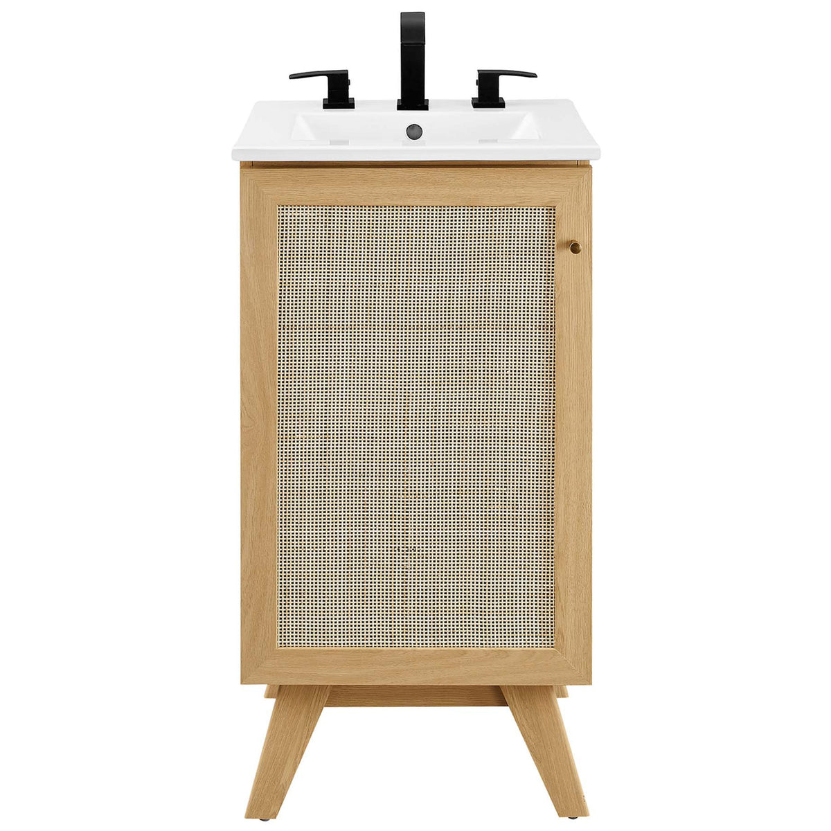 Clean front silhouette with woven door detail and integrated ceramic sink || EEI-6711-OAK-WHI || front_studio